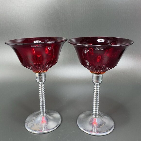 Art Deco Ruby Red Cadmium UV Glow Cocktail Glass Cups Chrome Stems Glasses Set 2 - Picture 16 of 16